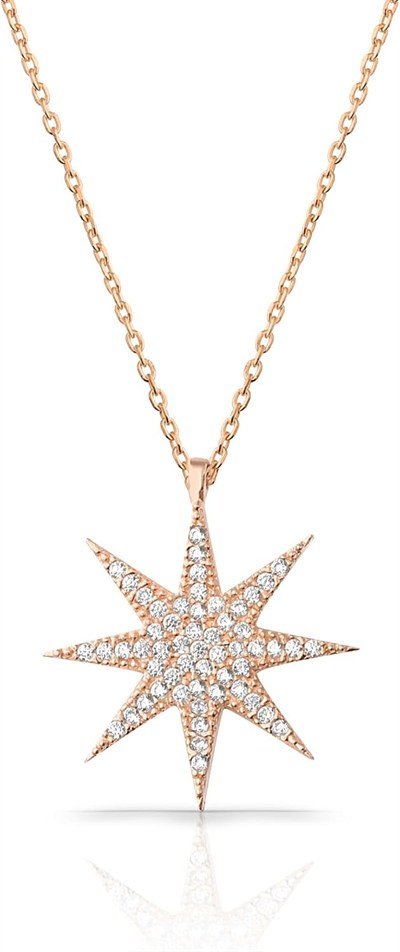 RACHON 925 AYAR GÜMÜŞ SEKİZ KÖŞELİ BEYAZ YILDIZ KOLYE ROSE GOLD RachonNM-407