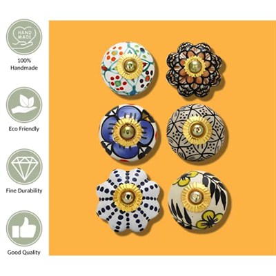 RAJRANG BRINGING RAJASTHAN TO YOU Çok Renkli Seramik Kapı Topuzu Pirinç Mavi Çömlek Çiçek Mutfak Dolap Kapı Dresser Çekin Knob Ile Hint El Yapımı Dolap Topuzları Dolap - 6 Adet Set