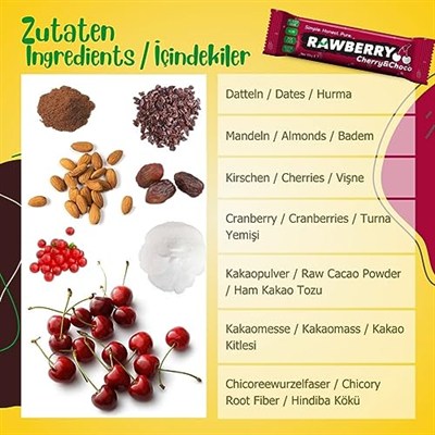 Rawberry Cherry Choco Şeker İlavesiz Vegan Glütensiz Kuruyemiş Bar (kutuda 15 Adet)