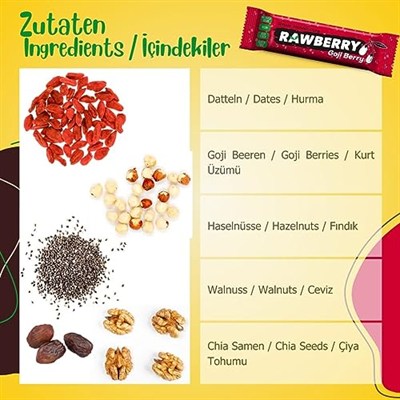 Rawberry Goji Berry Şeker Ilavesiz Vegan Glütensiz Kuruyemiş Bar (kutuda 15 Adet)