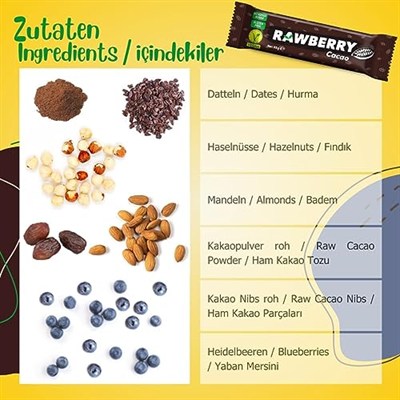 RAWBERRY KAKAO (15 BAR), İlave Şekersiz, Vegan, Glütensiz