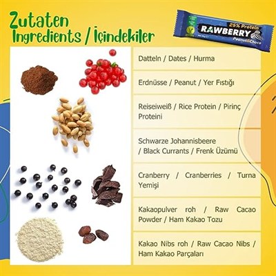 RAWBERRY%25 Protein Bar, Sağlıklı Atıştırmalık, Yer Fıstıklı ve Ham Kakaolu, İlave Şekersiz, Vegan, Glutensiz, Kuruyemiş ve Kuru Meyveli Bar (Kutuda 15 Adet))