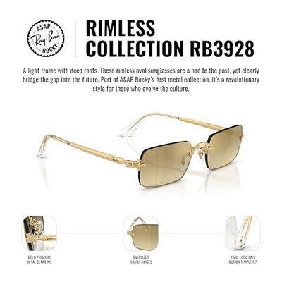 Ray-Ban RB 3928 001S2 54 A$AP ROCKY Unisex Dikdörtgen Gold Aynalı Metal Güneş Gözlüğü