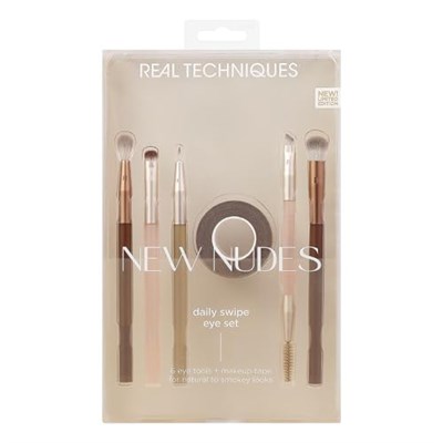 REAL TECHNIQUES Yeni Nudes Daily Swipe Göz Seti, Göz Farı, Liner, Brows, Makyaj Bant, Doğal veya Dumanlı Makyaj Görünümü için, sentetik parıltılar, zulüm içermeyen ve vegan, 7 parça set