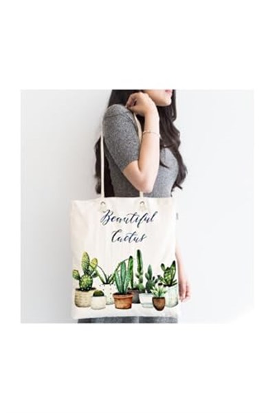 RealHomes Beautiful Cactus Desenli Dijital Baskılı Fermuarlı Kumaş Çanta Canta-2033, CANTA-2033
