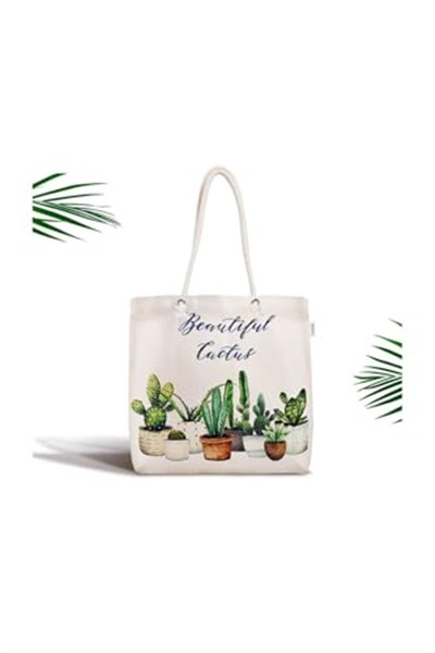RealHomes Beautiful Cactus Desenli Dijital Baskılı Fermuarlı Kumaş Çanta Canta-2033, CANTA-2033