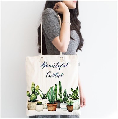 RealHomes Beautiful Cactus Desenli Dijital Baskılı Fermuarlı Kumaş Çanta Canta-2033, CANTA-2033