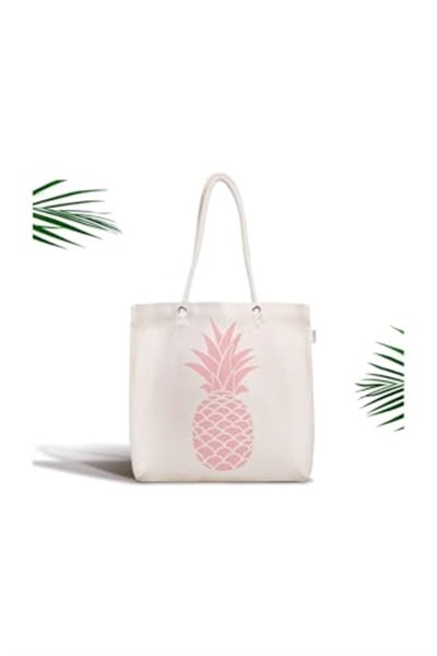 RealHomes Beyaz Zeminde Pembe Ananas Tasarımlı Dijital Baskılı Fermuarlı Kumaş Çanta Canta-3404, CANTA-3404
