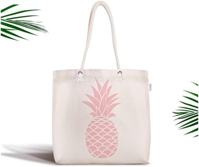 RealHomes Beyaz Zeminde Pembe Ananas Tasarımlı Dijital Baskılı Fermuarlı Kumaş Çanta Canta-3404, CANTA-3404