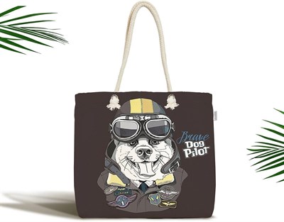 RealHomes Brave Dog Pilot Motifli Dijital Baskılı Modern Fermuarlı Plaj Çantası, Canta-5664