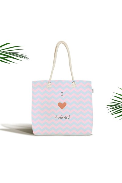 RealHomes Çocuk Çantası - Mavi Pembe Zigzaglı I Love Animal Desenli Kumaş Çanta, Canta-4592p
