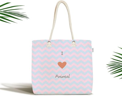 RealHomes Çocuk Çantası - Mavi Pembe Zigzaglı I Love Animal Desenli Kumaş Çanta, Canta-4592p