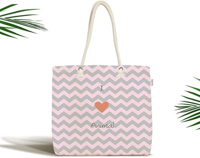 RealHomes Çocuk Çantası - Pembe Gri Zigzaglı I Love Animal Desenli Kumaş Çanta, Canta-4593