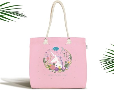 RealHomes Çocuk Çantası - Pembe Zeminde Unicorn At Desenli Kumaş Çanta, Canta-4349