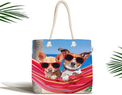 RealHomes Hamaktaki Köpekler Motifli Modern Fermuarlı Plaj Çantası, Canta-5629