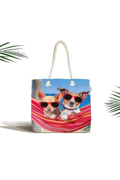 RealHomes Hamaktaki Köpekler Motifli Modern Fermuarlı Plaj Çantası, Canta-5629