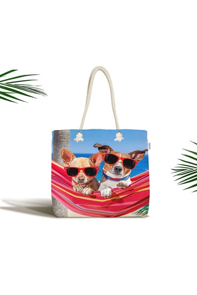 RealHomes Hamaktaki Köpekler Motifli Modern Fermuarlı Plaj Çantası, Canta-5629