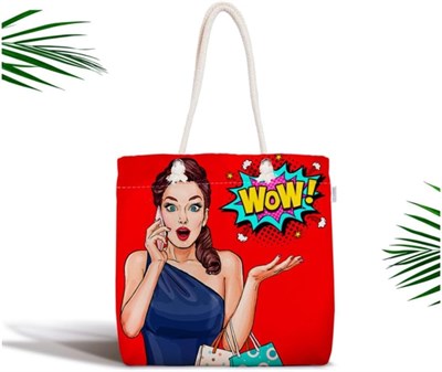 RealHomes Kırmızı Zeminli Popart Wow Desenli Modern Fermuarlı Kumaş Çanta Canta-3281, CANTA-3281