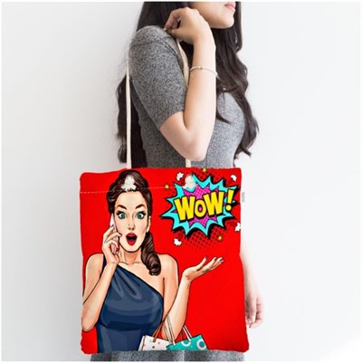 RealHomes Kırmızı Zeminli Popart Wow Desenli Modern Fermuarlı Kumaş Çanta Canta-3281, CANTA-3281