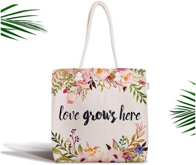 RealHomes Love Grows Here Yazılı Dijital Baskılı Fermuarlı Kumaş Çanta Canta-2281, CANTA-2281