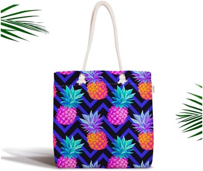 RealHomes Mavi Zigzag Zeminli Ananas Desenli Fermuarlı Modern Kumaş Çanta Canta-3324, CANTA-3324
