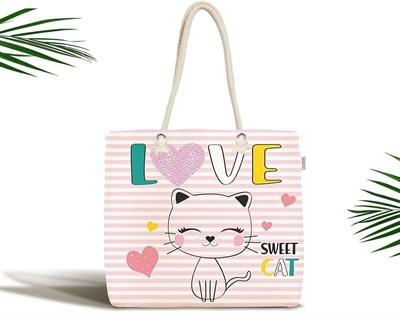 RealHomes Pembe Çizgili Zeminde Sweet Cat Tasarımlı Fermuarlı Kumaş Çanta, Canta-5716