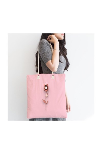 RealHomes Pembe Zeminli Altın Gül 3d Baskılı Fermuarlı Kumaş Çanta Canta-3019, CANTA-3019