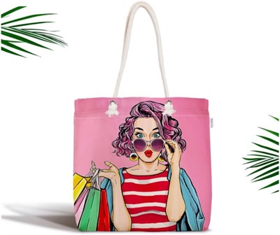 RealHomes Pembe Zeminli Popart Desenli Fermuarlı Modern Kumaş Çanta Canta-3289, CANTA-3289
