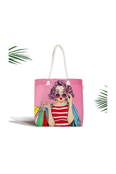 RealHomes Pembe Zeminli Popart Desenli Fermuarlı Modern Kumaş Çanta Canta-3289, CANTA-3289