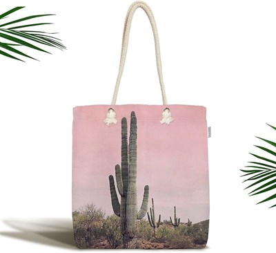 RealHomes Retro Kaktüs Resimli Dijital Baskılı Modern Fermuarlı Kumaş Omuz Çantası, Canta-Ryl271