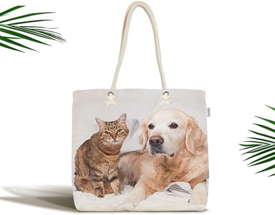 RealHomes Sevimli Kedi Ve Köpek Baskılı Modern Fermuarlı Plaj Çantası, Canta-5726