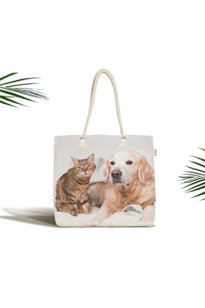 RealHomes Sevimli Kedi Ve Köpek Baskılı Modern Fermuarlı Plaj Çantası, Canta-5726
