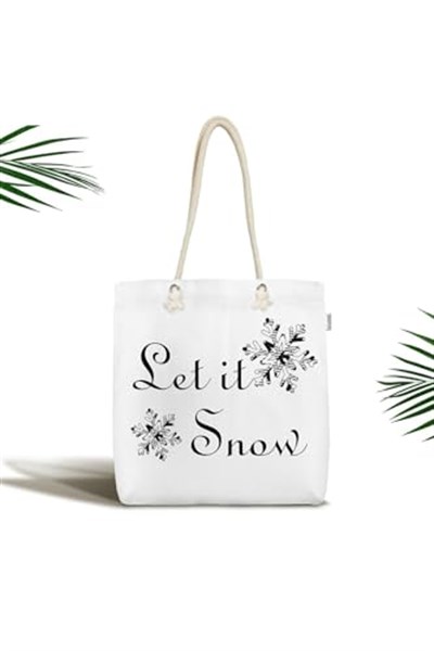 RealHomes Siyah Beyaz Let It Snow Temalı Dijital Baskılı Fermuarlı Kumaş Plaj Çantası, Canta-Ryl239