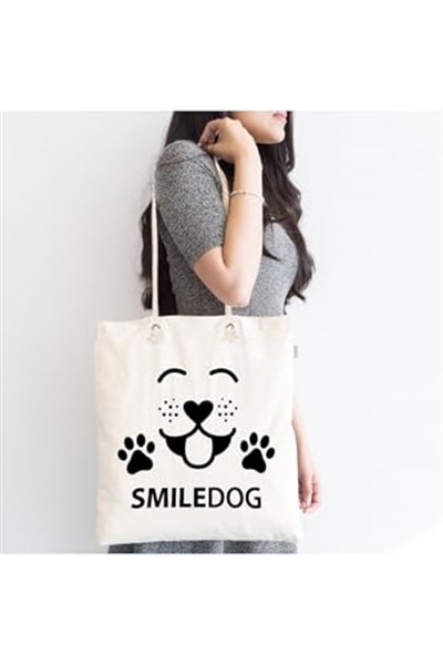 RealHomes Smiledog Motifli Dijital Baskılı Modern Fermuarlı Plaj Çantası, Canta-5671