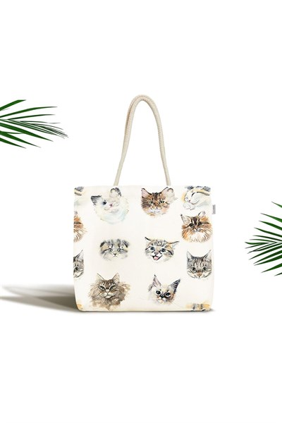 RealHomes Unisex Bej Kedi Desenli Fermuarlı Plaj Çantası, Canta-5651