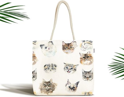 RealHomes Unisex Bej Kedi Desenli Fermuarlı Plaj Çantası, Canta-5651