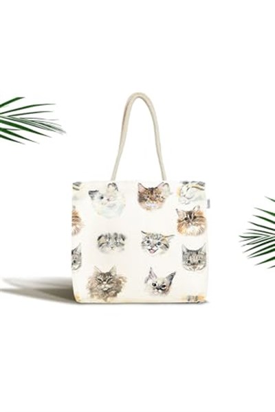 RealHomes Unisex Bej Kedi Desenli Fermuarlı Plaj Çantası, Canta-5651