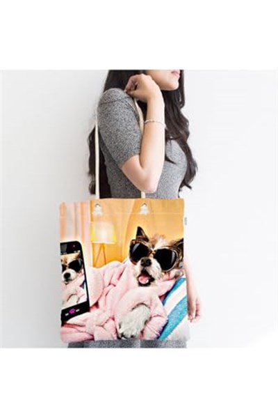 RealHomes Unisex Selfie Çekinen Köpek Modern Fermuarlı Plaj Çantası, Canta-5680