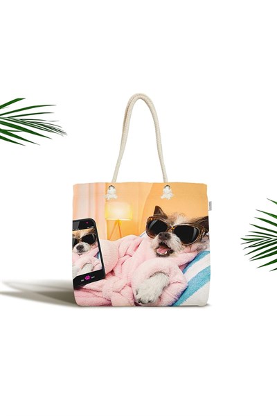 RealHomes Unisex Selfie Çekinen Köpek Modern Fermuarlı Plaj Çantası, Canta-5680
