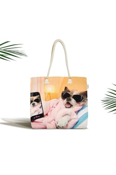 RealHomes Unisex Selfie Çekinen Köpek Modern Fermuarlı Plaj Çantası, Canta-5680