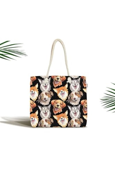 RealHomes Unisex Siyah Zemindeki Sevimli Köpekler Modern Fermuarlı Plaj Çantası, Canta-5660
