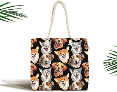 RealHomes Unisex Siyah Zemindeki Sevimli Köpekler Modern Fermuarlı Plaj Çantası, Canta-5660
