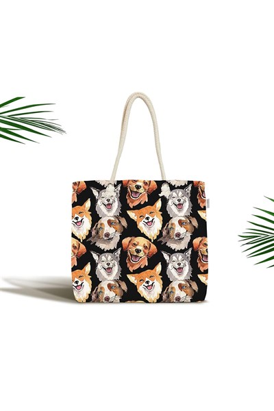 RealHomes Unisex Siyah Zemindeki Sevimli Köpekler Modern Fermuarlı Plaj Çantası, Canta-5660