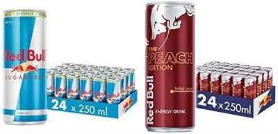 Red Bull Enerji İçeceği, Şekersiz, 250 ml (24lü Paket, 250 ml x 24 Adet) ve Red Bull Enerji İçeceği, Şeftali, 250 ml (24lü Paket, 24 x 250 ml)