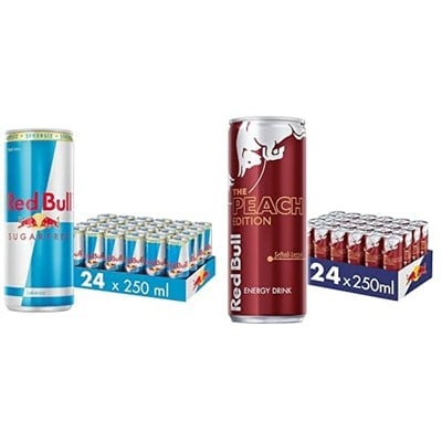Red Bull Enerji İçeceği, Şekersiz, 250 ml (24lü Paket, 250 ml x 24 Adet) ve Red Bull Enerji İçeceği, Şeftali, 250 ml (24lü Paket, 24 x 250 ml)