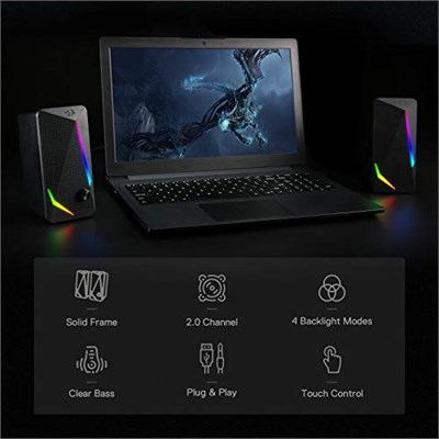 Redragon GS510 Waltz RGB masaüstü hoparlörler, LED arka aydınlatmalı 2.0 kanallı PC stereo hoparlörler, gelişmiş bas ve kolayca erişilebilen ses kontrolü, USB ve 3,5 mm kablo ile
