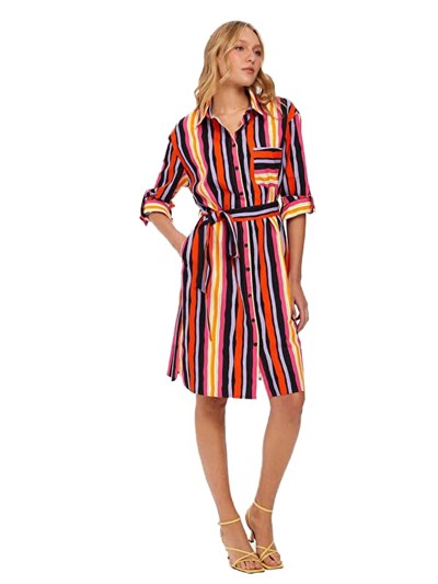 Renkli Çizgili Poplin Elbise 66284