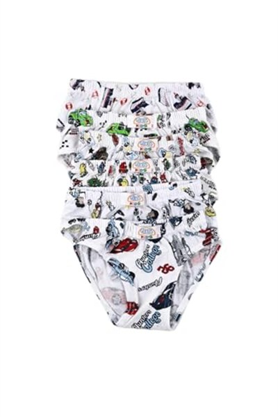 Renkli Desenli Erkek Çocuk 6 lı Slip Külot Beyaz 3-4 Yaş