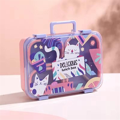Renkli Kedi Desenli Beslenme Kutusu - 700 ml 3 Bölmeli Taşıma Kulplu Çocuk Beslenme Kabı PP (Pembe)
