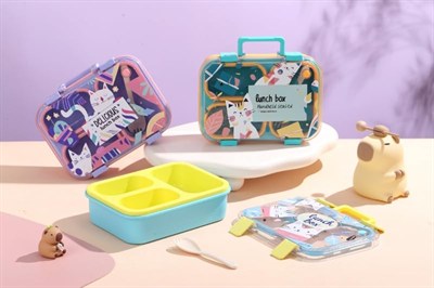 Renkli Kedi Desenli Beslenme Kutusu - 700 ml 3 Bölmeli Taşıma Kulplu Çocuk Beslenme Kabı PP (Pembe)